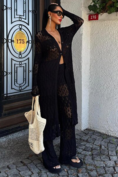 WeShaya Set cardigan lung din țesătură de viscoză neagră pentru femei