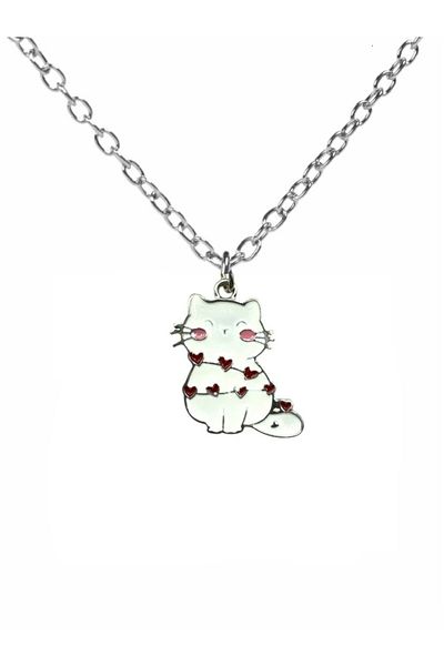 Herşey Nota Unisex Necklace with White Heart Wrapped Cat Figure – Symbol of Love and Innocence