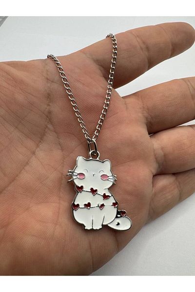 Herşey Nota Unisex Necklace with White Heart Wrapped Cat Figure – Symbol of Love and Innocence