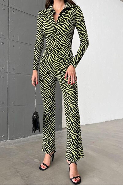 WeShaya Women's Multi Polo Neck Polyester Patterned Woven Suit