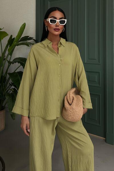 Lijuri Women's Green Cotton Self Embossing Striped Loose Suit