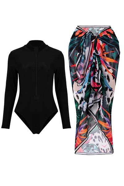 CUPSEA Black Long Sleeve Zippered Lycra Swimmer Swimsuit Lana Black Pareo Set of 2