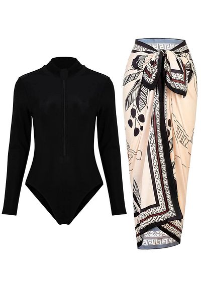 CUPSEA Black Long Sleeve Zippered Lycra Swimmer Swimsuit French Inspired Pareo Set of 2