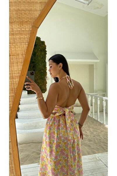 Nida Boutique Λινό φόρεμα με λουράκι που δένει τον λαιμό και λεπτομέρεια δεσίματος στη μέση