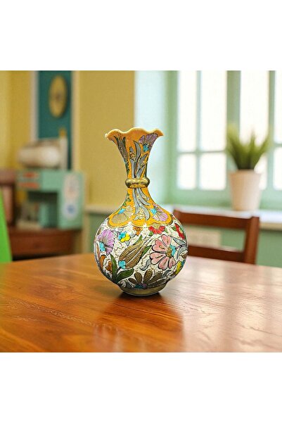 PL Dekor Tasarım Evlerinize Şıklık Katacak El Yapımı Özel Çini Desenli Saf Altın İşlemeli Dekoratif Vazo 30 cm