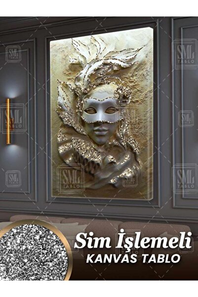 SML TABLO Simli Gizemli Pırıltılı Balo Maskesi Alçı Mermer Kadın Sim İşlemeli...