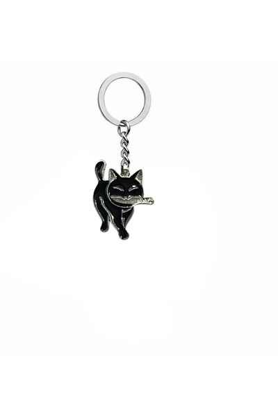 Herşey Nota Gothic Unisex Keychain with Black Cat Figure with Knife – Symbol of Darkness and Power
