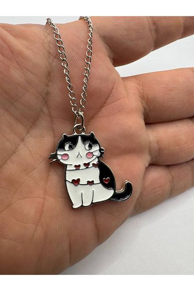 Herşey Nota Unisex Necklace with Black Cat Figure and Red Heart Detail – Bold and Stylish Design
