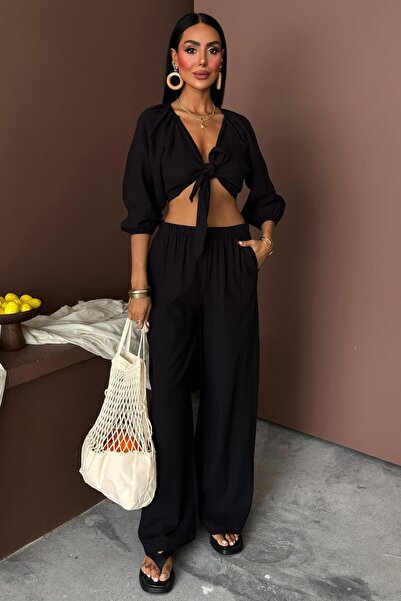 WeShaya Γυναικείο μαύρο λινό μακρύ κοστούμι με μανίκια μπαλόνι
