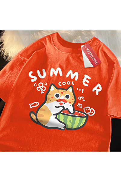StartMore Y2K Vintage T-Shirt Tee Fun Eating Watermelon Cat Print