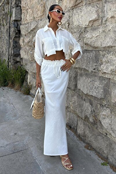 WeShaya Γυναικείο σετ με μακρύ πουκάμισο με γιακά από λευκό λινό