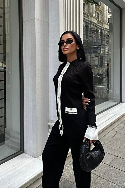 WeShaya Γυναικείο Μαύρο Εκρού Ακρυλικό Πλεκτό Σετ Μακρυμάνικο Πόλο Γιακά