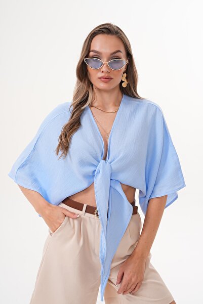 soi fashion Μπολερό μουσελίνα με δέσιμο μπροστά γαλάζιο