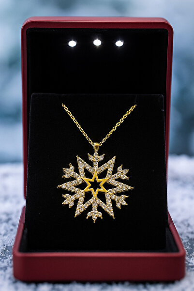 KAR DİAMOND Orijinal Gümüş Altın Kaplama Yıldız Kar Tanesi Kolye - Sertifikalı Işıklı Kutuda