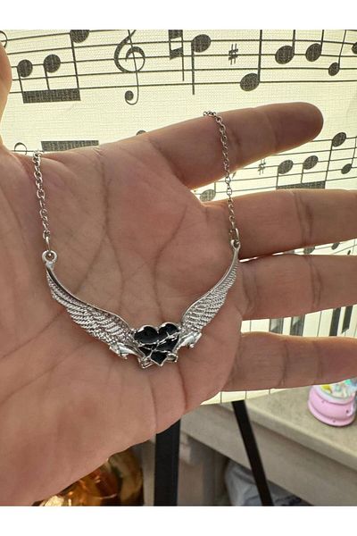 Herşey Nota Angel Wings Black Heart Figured Unisex Necklace – Symbol of Innocence and Power