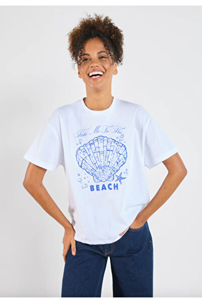 LAYORA Tricou alb supradimensionat pentru femei - Imprimare cu scoici de mare...