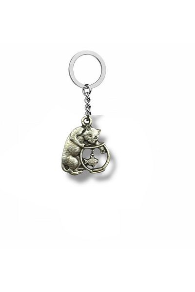 Herşey Nota Unisex Keychain with Cat Catching Fish Figure – Cheerful and Characteristic Daily Accessory