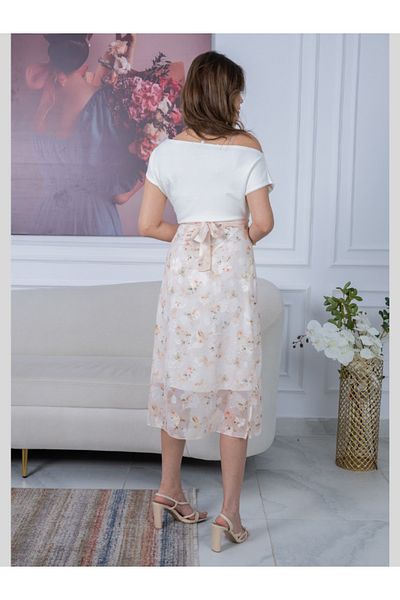 Nice Model White Off Shoulder Midi Dress with Floral Sheer Skirt Rose Detail Elegant Wedding Guest Outfit