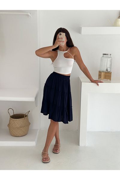 YUSUF CAN KARATAŞ KARATAŞ GİYİM Fusta elegantă de damă, culoare bleumarin, cu talie înaltă - linie A, până la genunchi, modă de primăvară/vară