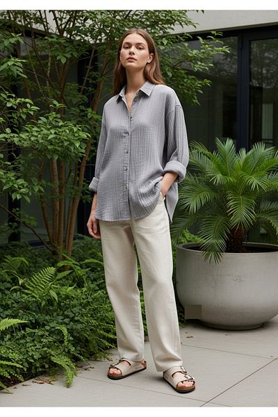 COMBİNE MİCHAİL New Season Women's Loose Cut Summer Shirt Gray