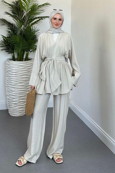 MERVEN AKYÜZ Eftelya Wide Belt Suit Stone