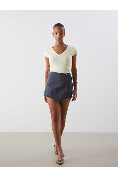 LC Waikiki Nevavm Women's Jean Shorts Skirt with Tie Belt