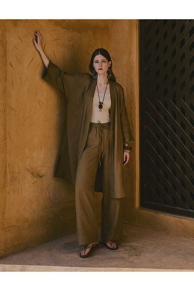 Kayra 100% Linen Lace Detailed Double Suit Dark Olive