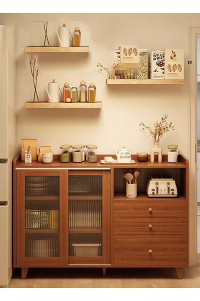 sharpdo Coffee Corner Kitchen Side Cabinet with Drawers and Sliding Doors, Large Storage Capacity