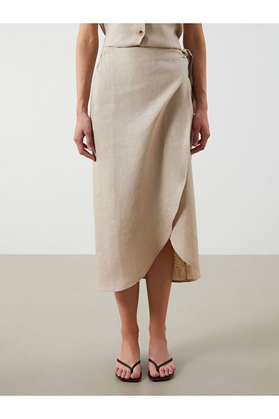 LC Waikiki Beige Elastic Waist 100% Linen Skirt