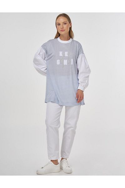 Kayra Slogan Line Pattern Tunic Light Blue