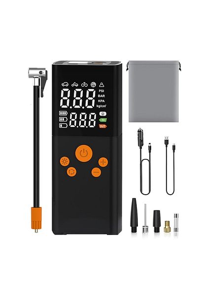 zyteq Compresor auto 3 în 1, 150 PSI, 100 W, baterie externă, LED, USB-C, 12 V, portabil, negru-portocaliu