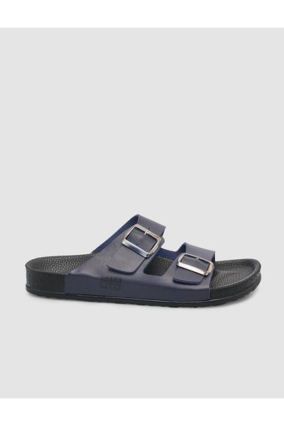 Cabani 100% Genuine Leather Navy Blue Men's Slippers with Buckle Detail