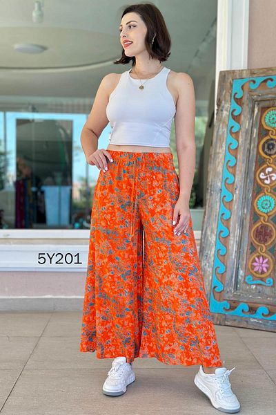 İnce Topuk Patterned Viscose Wide Leg Trousers 5Y201
