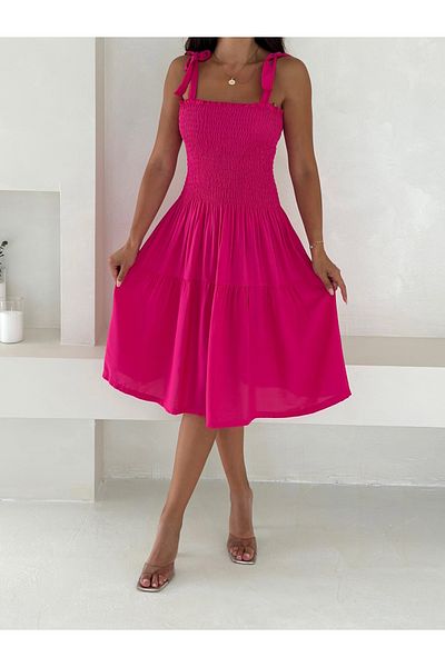 YUSUF CAN KARATAŞ KARATAŞ GİYİM Women's Fuchsia Skirt Ruffled Flexible Strap Comfortable Summer Viscose Fabric Dress Height 100 cm