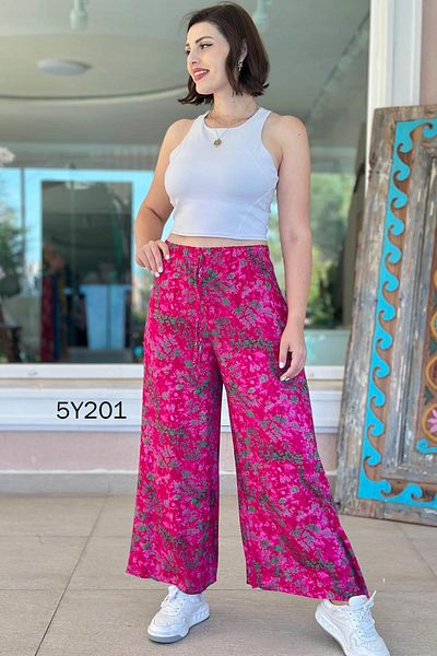 İnce Topuk Patterned Viscose Wide Leg Trousers 5Y201