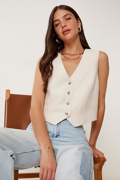 Lovelyİstanbul V-Neck Buttoned Woven Vest