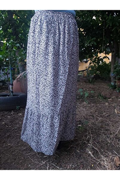 hoaryage Elastic Waist Ruffled, Button Detailed Crispy Floral Viscose Press Skirt36-44Size