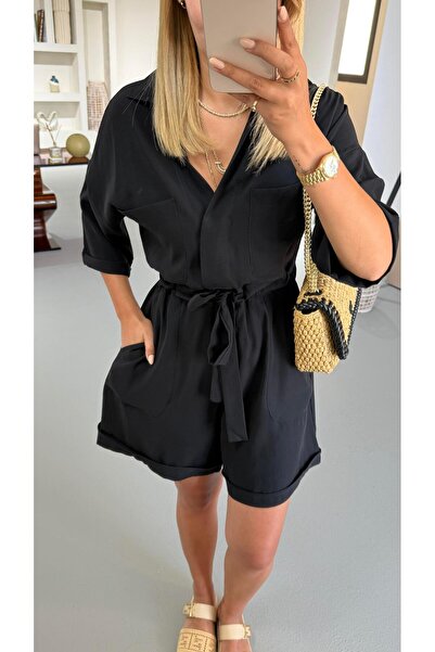 Sezgi Tekin Shirt Collar Black Shorts Jumpsuit with Adjustable Waist