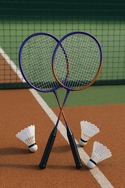 Leyaton Çantalı Bedminton Seti 2 Raket 3 Top Badminton Seti Mor-Turuncu Renk