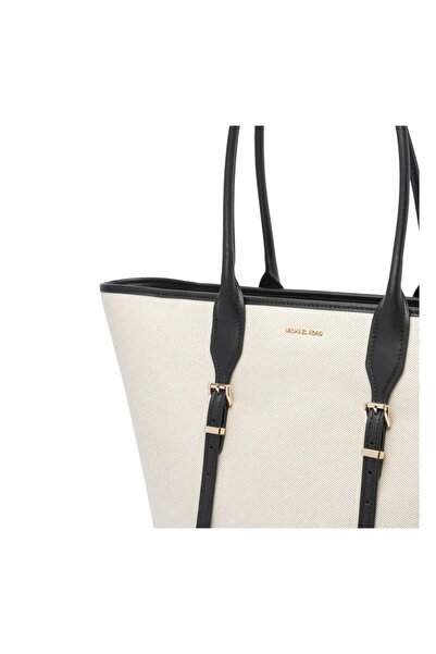 Michael Kors Women's Cotton Canvas Tote Leather Handle Black Shoulder Bag 30S5G9Ot7C-Black