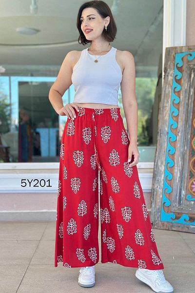 İnce Topuk Patterned Viscose Wide Leg Trousers 5Y201