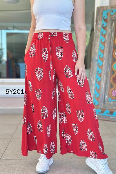 İnce Topuk Patterned Viscose Wide Leg Trousers 5Y201
