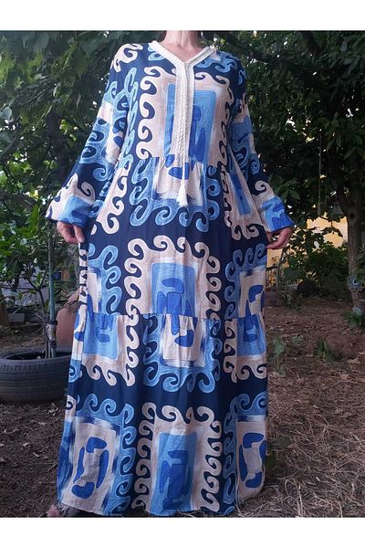 hoaryage Crew Neck Front Half Button Balloon Sleeve Layered Flounced Woven 100% Viscose Hijab Dress