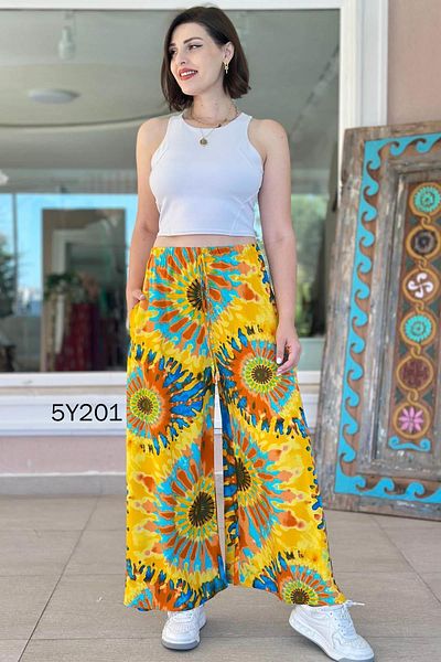 İnce Topuk Patterned Viscose Wide Leg Trousers 5Y201