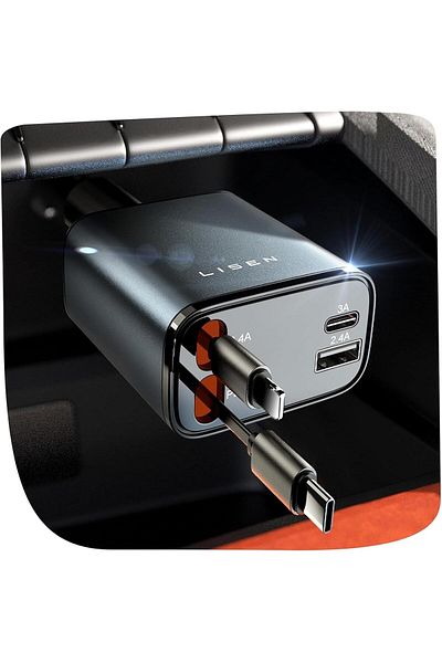 LISEN 4-in-One Retractable iPhone Car Charger Cigarette Lighter Adapter [69W], Fast Charge USB C Car