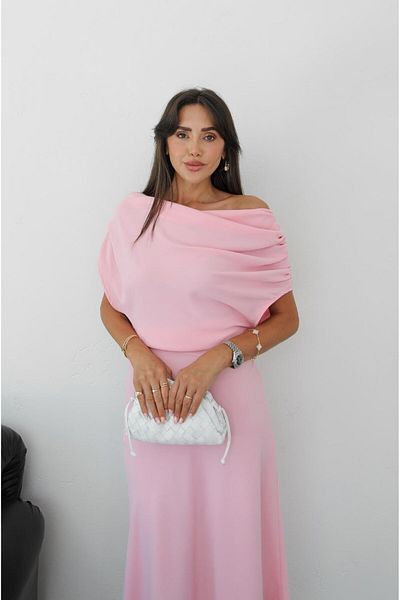 Havoş Pink Long Dress with Drawstring Detail on the Shoulders