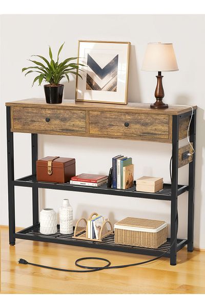 EqiEch Console Table with Outlets, USB Ports, Drawers & Shelves, 32"x13.8"x31.5"