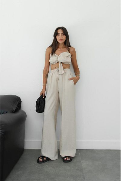 Havoş Beige Dedio Bow Crop Trousers Set