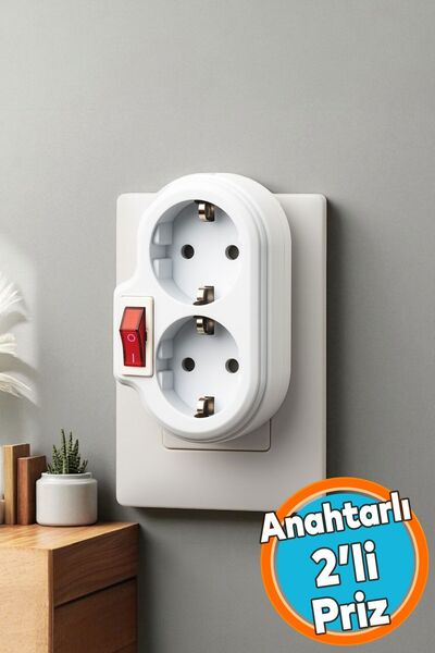 Vip Aydınlatma Golyat Düğmeli Anahtarlı 2'li Beyaz Duvar Tipi Grup Priz