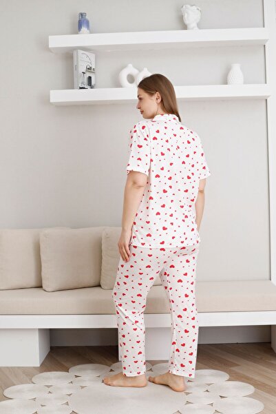 pijamacity Battal Beden Kadın Desenli Düğmeli Pijama Takımı